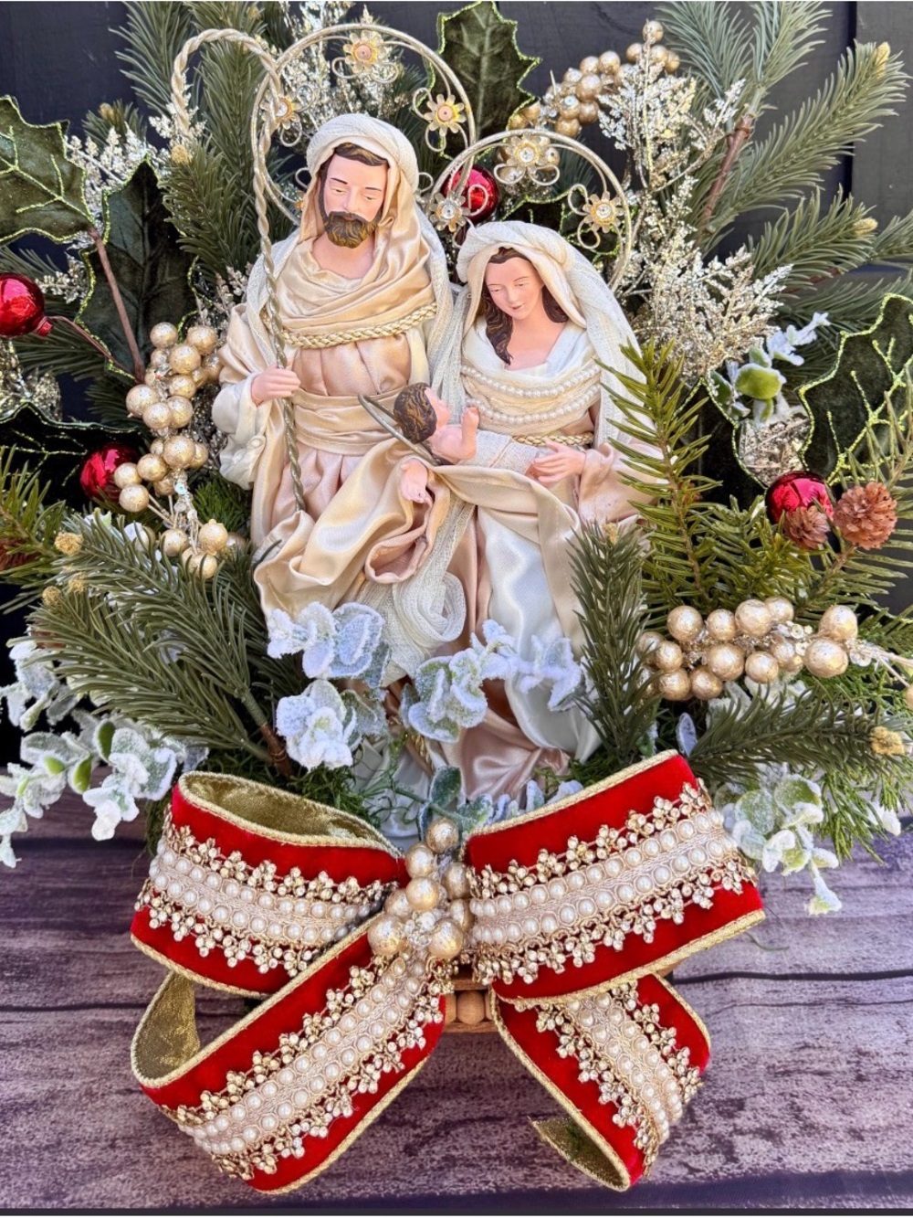 Elegant Nativity Centerpiece with Red & Ivory Accents